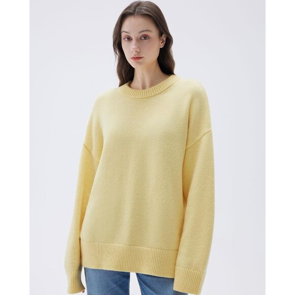 Women Cashmere Blend Oversized Crew Neck light Yellow Soft Warm Pullover Sweater - Picture 2 of 6